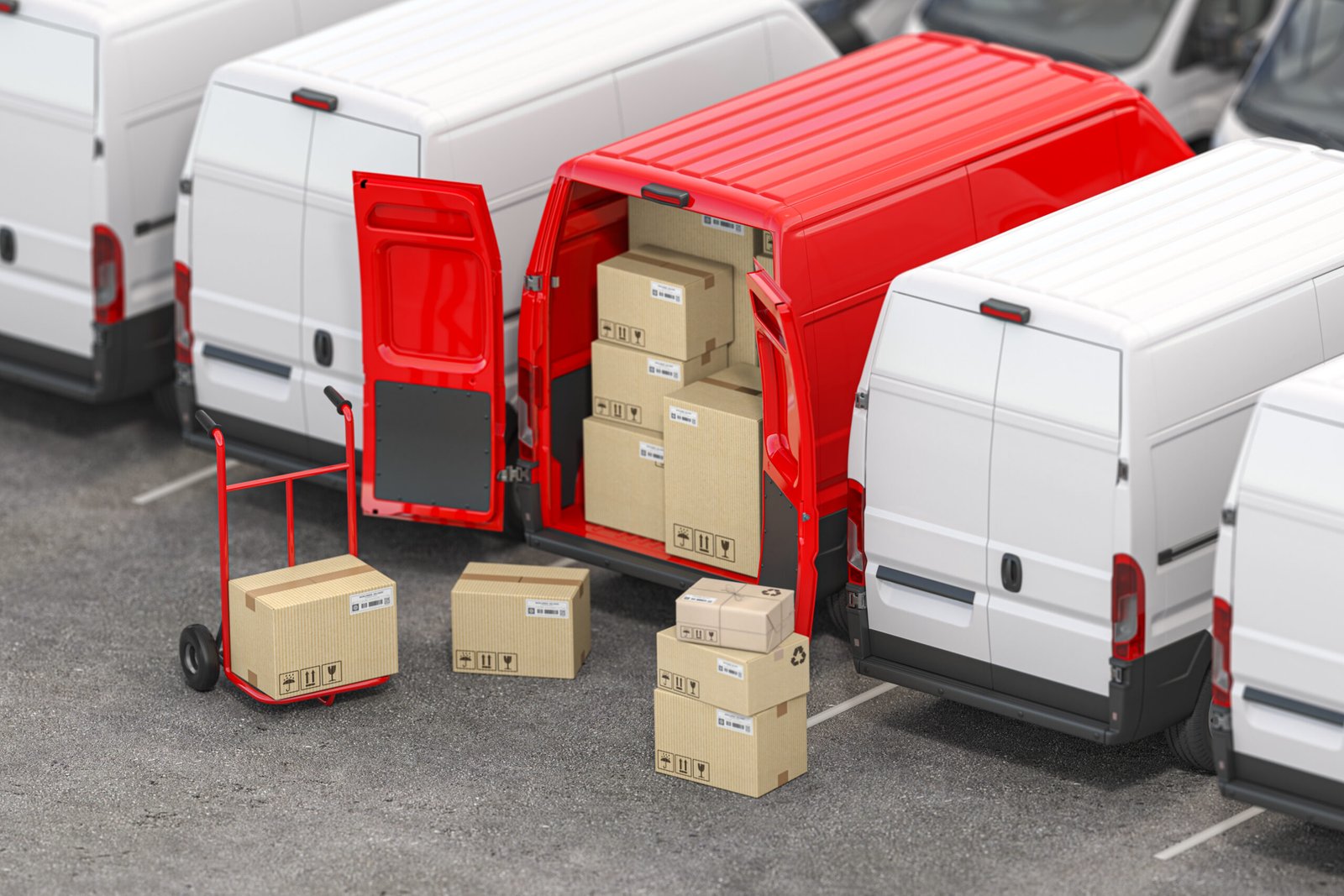 Transporter mit offener Ladet&uuml;r, Kartons und Sackkarre auf einem Hof